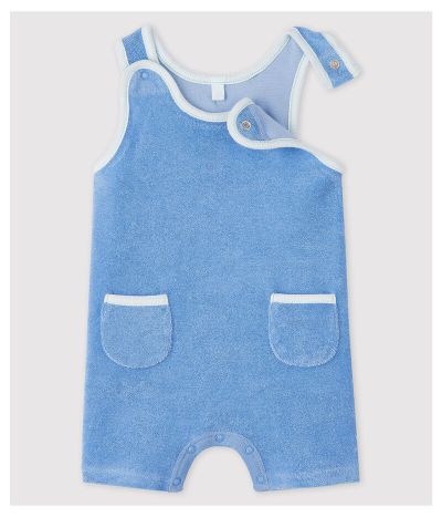 Salopette courte bleue bébé en bouclette éponge de coton biologique