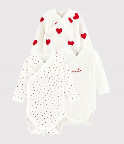Lot de 3 bodies croisés cœur rouge manches longues bébé en coton biologique