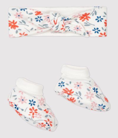Lot bandeau et chaussons fleuri bébé fille en coton biologique