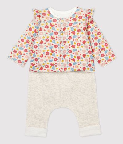 Ensemble 3 pièces imprimé fleurs bébé fille en laine et coton biologique