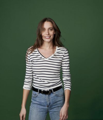 T-shirt col V iconique en coton rayé Femme