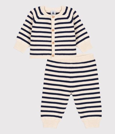 Ensemble 2 pièces à rayures marinières bébé en tricot laine et coton
