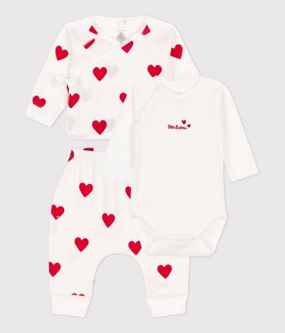 Ensemble 3 pièces à cœurs bébé en coton