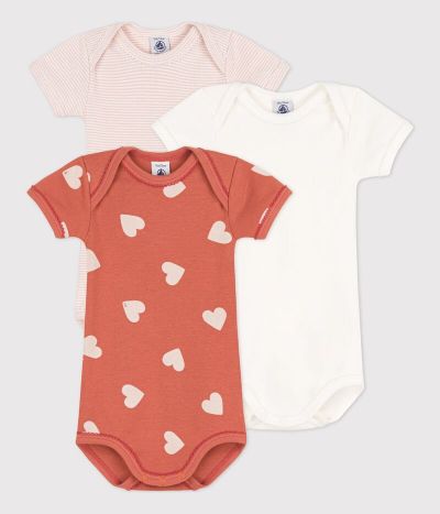 Lot de 3 bodies manches courtes cœur bébé en coton
