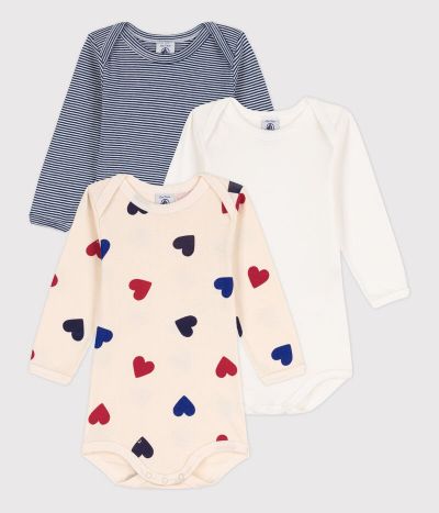 Lot de 3 bodies manches longues cœur bébé en coton