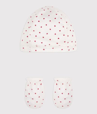 Lot bonnet et mouffles cœurs en coton