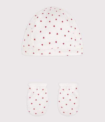 Lot bonnet et mouffles cœurs en coton
