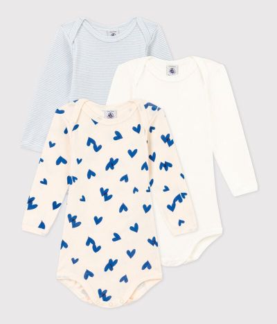 Lot de 3 bodies manches longues cœurs bleus bébé en coton