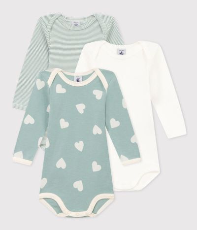 Lot de 3 bodies manches longues coeurs bébé en coton