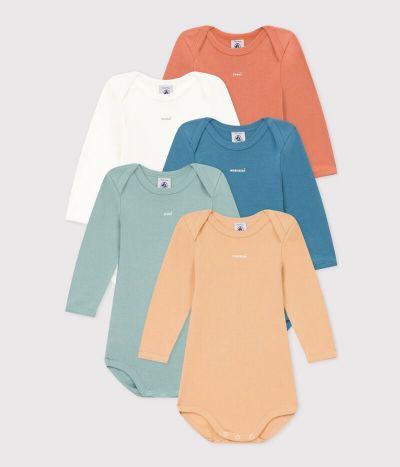 Lot de 5 bodies manches longues unis bébé en coton