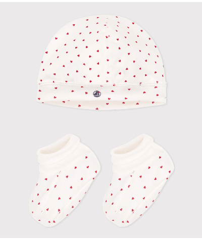 Lot de bonnet et chausson bébé en coton cœurs