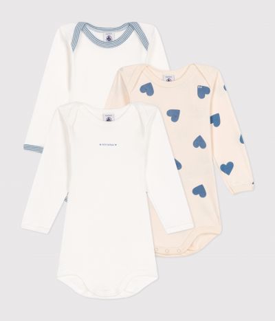 Lot de 3 bodies manches longues cœurs bleu en coton bébé