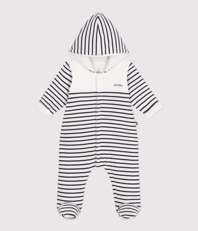 Combinaison bébé ouatinée à capuche et pieds, marinière