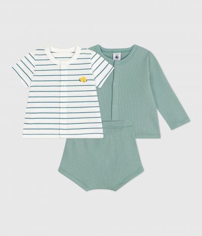 Ensemble naissance trois pièces en coton et t-shirt rayé citron