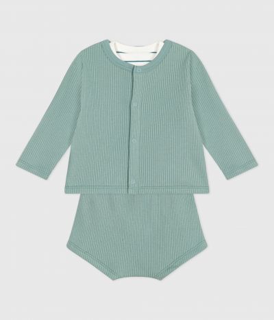 Ensemble naissance trois pièces en coton et t-shirt rayé citron