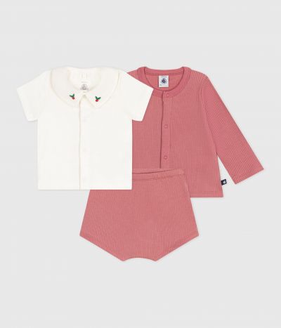 Ensemble naissance trois pièces en coton et t-shirt à col brodé