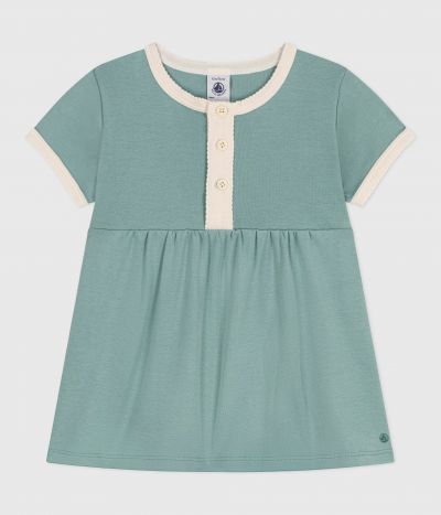 Robe bébé en coton manches courtes, unie à détails contrastés