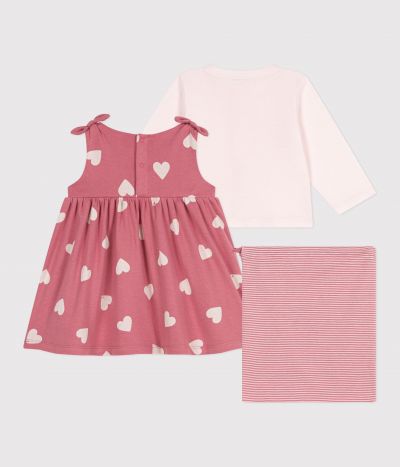 Ensemble bébé deux pièces en coton, cardigan uni et robe imprimée
