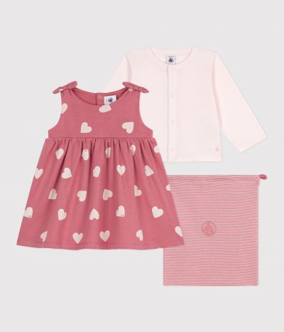 Ensemble bébé deux pièces en coton, cardigan uni et robe imprimée