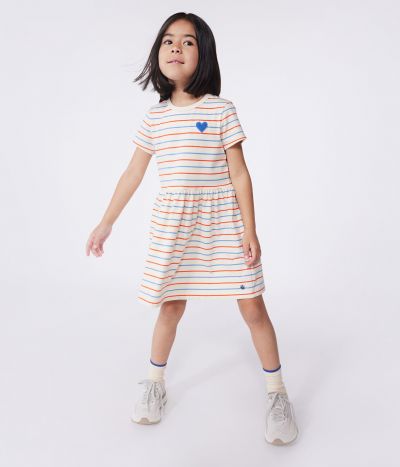 Robe enfant en coton manches courtes à rayures  et cœur
