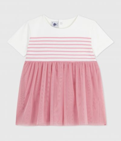 Robe bébé coton et tulle manches courtes, haut rayé