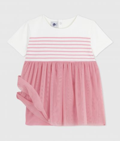 Robe bébé coton et tulle manches courtes, haut rayé