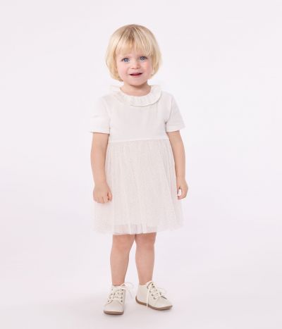 Robe bébé en coton et tulle manches courtes et colerette