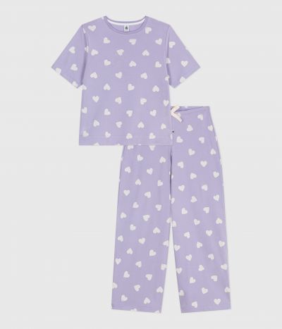 Pyjama femme en coton manches courtes jambes larges imprimé cœurs