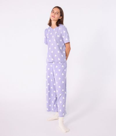 Pyjama femme en coton manches courtes jambes larges imprimé cœurs