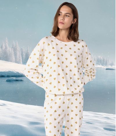 Pyjama femme en coton imprimé cœurs dorés