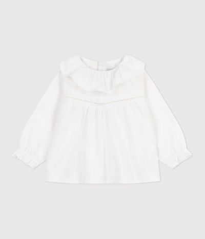 Blouse bébé en popeline de coton manches longues, à col et brodée