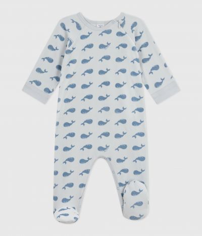 Pyjama zippé bébé en velours imprimé baleines