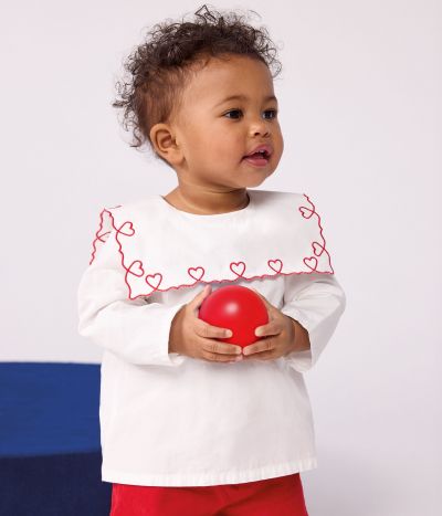 Blouse bébé en popeline de coton manches longues, brodée cœurs