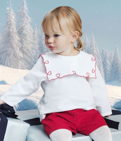 Blouse bébé en popeline de coton manches longues, brodée cœurs