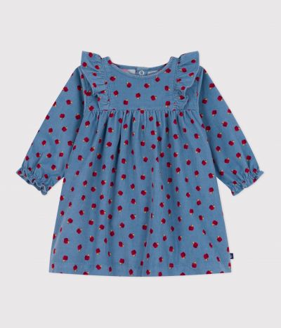 Robe bébé en velours côtelé manches longues imprimée pommes