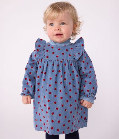 Robe bébé en velours côtelé manches longues imprimée pommes
