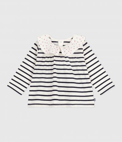 Blouse bébé en coton manches longues, marinière et col cœurs