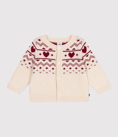 Cardigan bébé en tricot laine et coton, motifs cœurs