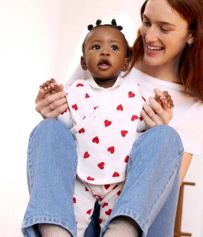 Ensemble bébé 3 pièces cache-coeur imprimé cœurs en coton