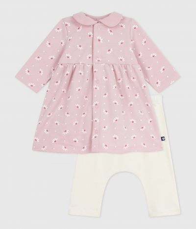 Robe bébé à col imprimé fleurs et coeurs et legging en coton