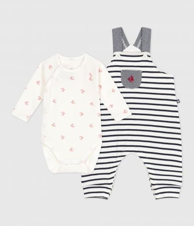 Ensemble salopette bébé rayure marinière et body imprimé