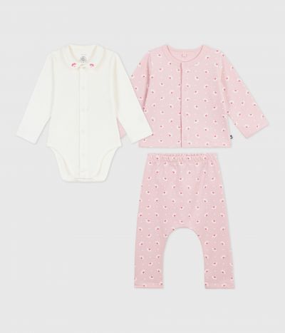 Ensemble 3 pièces bébé imprimé cœurs et fleurs et body brodé