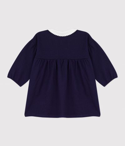 Robe bébé en coton manhces longues unie à col et détails brodés