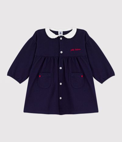 Robe bébé en coton manhces longues unie à col et détails brodés