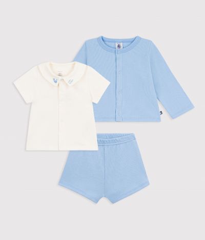 Ensemble 3 pièces bébé en coton avec broderies au col