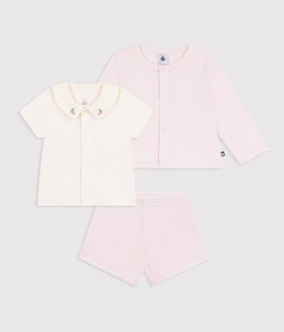 Ensemble 3 pièces bébé en coton avec broderies au col