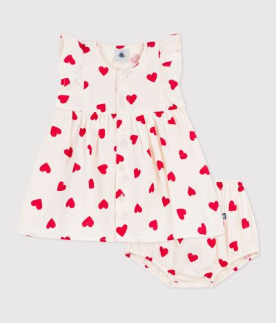 Robe bébé en coton avec son bloomer, imprimés cœurs