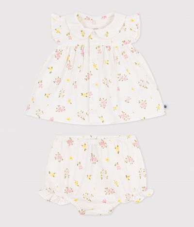 Ensemble 2 pièces bébé en coton, blouse et bloomer imprimés fleurs