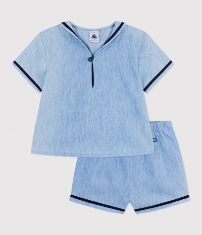 Ensemble bébé 2 pièces en chambray, tee-shirt col vareuse