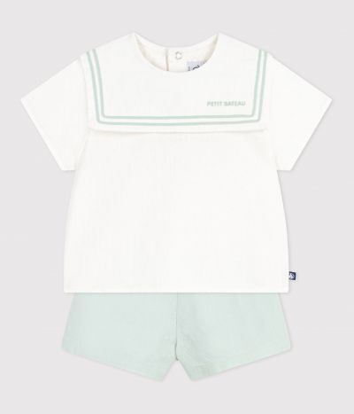 Ensemble bébé 2 pièces en coton/lin, haut col marin